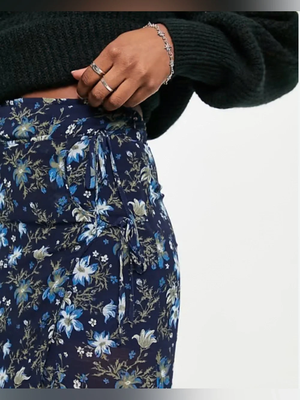 Free People Navy Floral Side-Slit Maxi Skirt